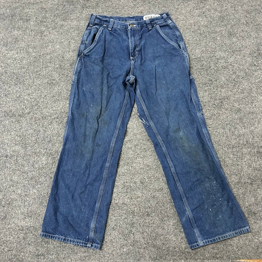 Carhartt Jeans Mens Size 30x30 Blue Dungaree Fit Carpenter Distressed Stained